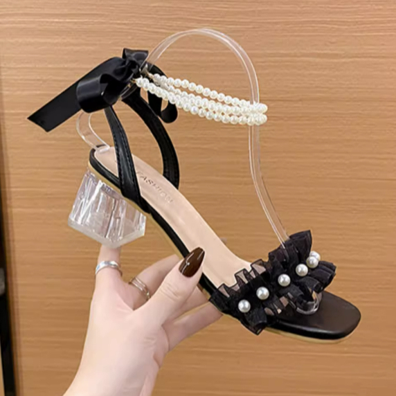 GIÀY SANDAL CAO GÓT NỮ ĐẾ VUÔNG 7 PHÂN QUAI ĐÍNH NGỌC THẮT NƠ HH35 028