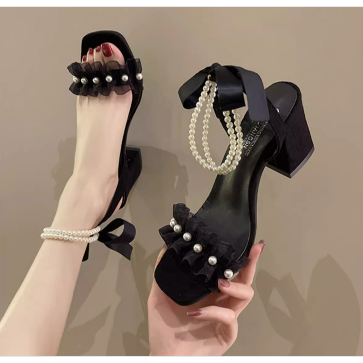 GIÀY SANDAL CAO GÓT NỮ ĐẾ VUÔNG 7 PHÂN QUAI ĐÍNH NGỌC THẮT NƠ HH35 028