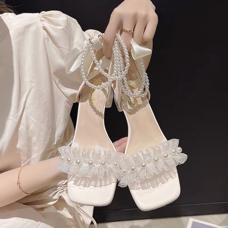 GIÀY SANDAL CAO GÓT NỮ ĐẾ VUÔNG 7 PHÂN QUAI ĐÍNH NGỌC THẮT NƠ HH35 028