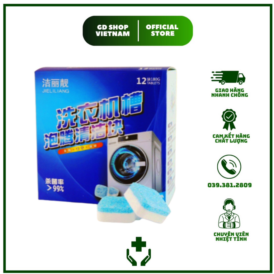 Hộp 12 Viên - Viên Tẩy Vệ Sinh Lồng Máy Giặt Diệt Khuẩn, Ngừa Mảng Bám, Ẩm Mốc