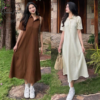 Đầm polo - Váy sơ mi dáng dài ngắn tay chất vải tăm lạnh Quảng Châu mềm mát dáng xòe phong cách công sở basic siêu xinh