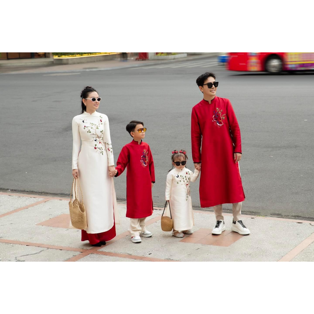 Set áo dài cách tân mẹ và bé gái - vải tafta - họa tiết kết ruy băng cao cấp - Áo Dài An Nhiên - AN67