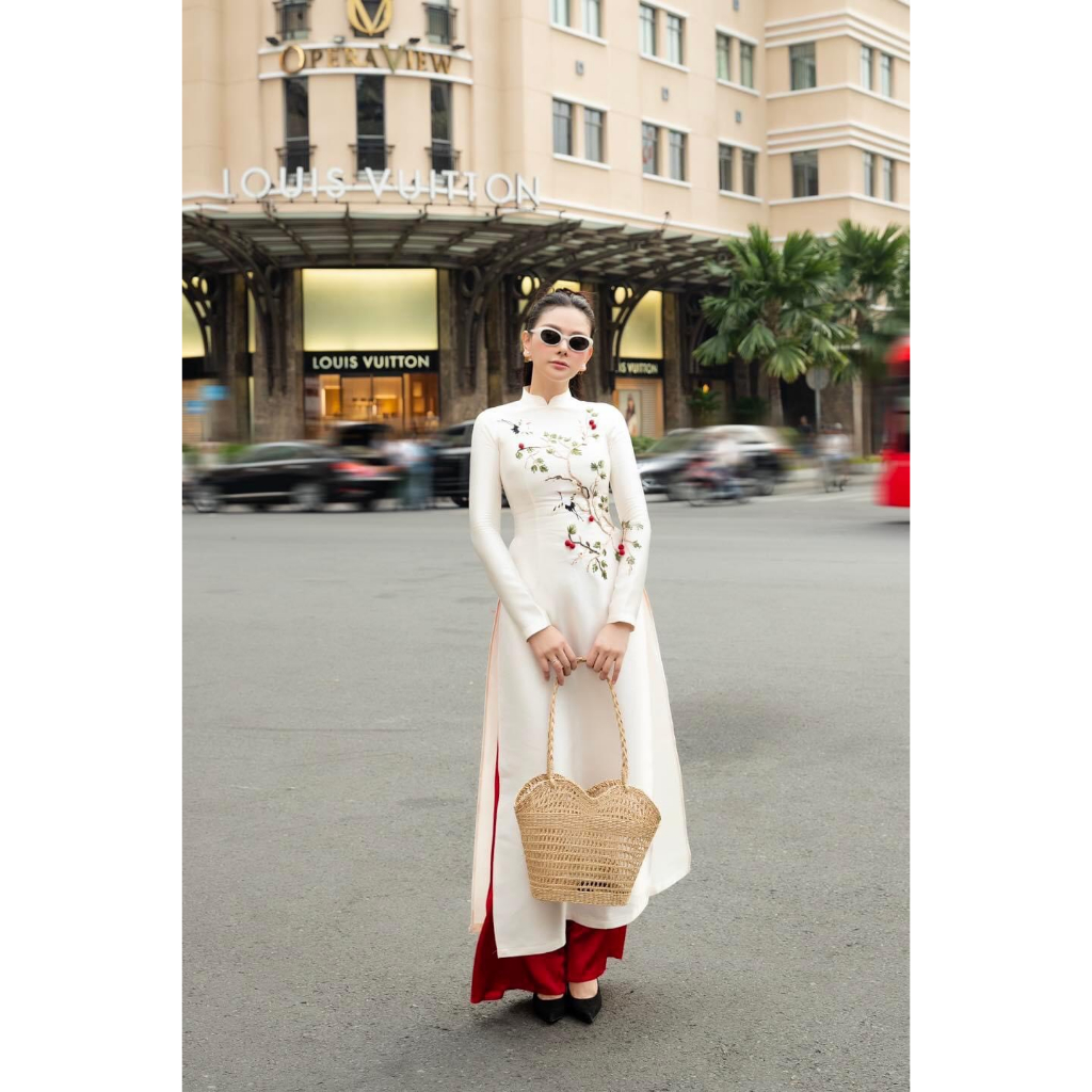 Set áo dài cách tân mẹ và bé gái - vải tafta - họa tiết kết ruy băng cao cấp - Áo Dài An Nhiên - AN67