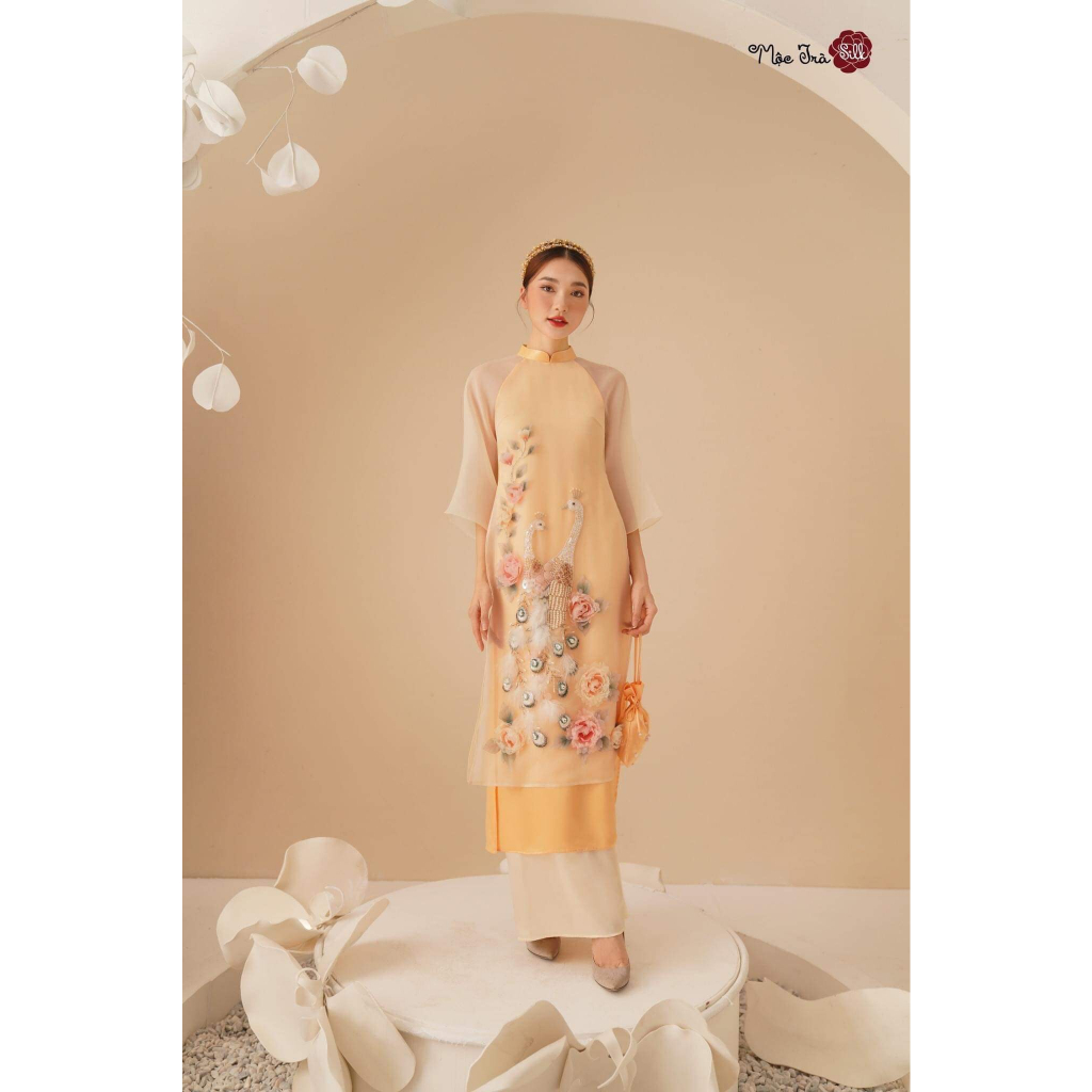 Set áo dài mẹ và bé Mộc Trà kết chim công - vải tơ organza- họa tiết đính kết cao cấp - Áo Dài An Nhiên - AN65