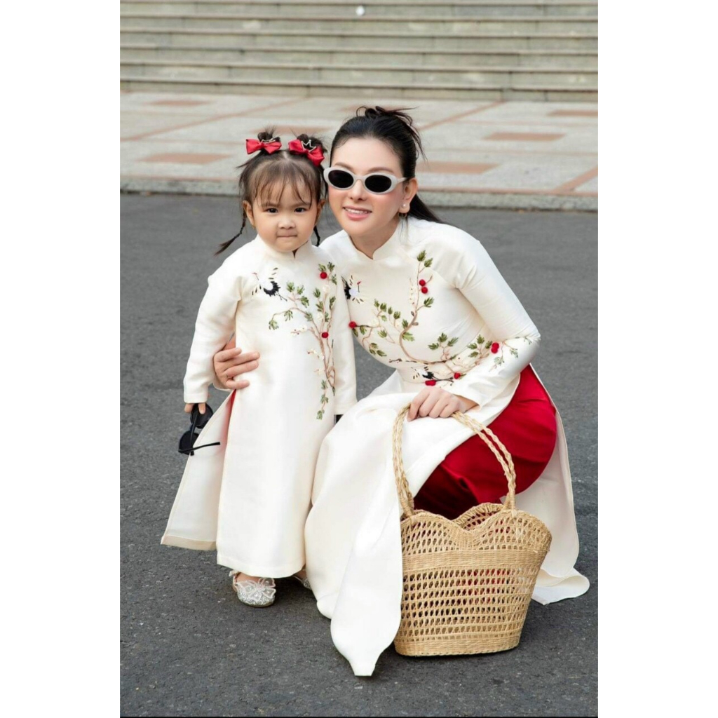 Set áo dài cách tân gia đình bé trai bé gái - vải tafta - họa tiết thêu, kết ruy băng cao cấp - Áo Dài An Nhiên - AN69