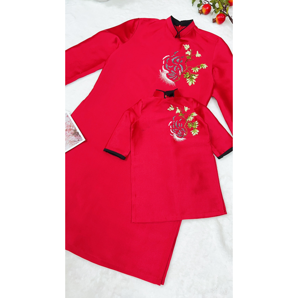 Set áo dài cách tân gia đình bé trai bé gái - vải tafta - họa tiết thêu, kết ruy băng cao cấp - Áo Dài An Nhiên - AN69