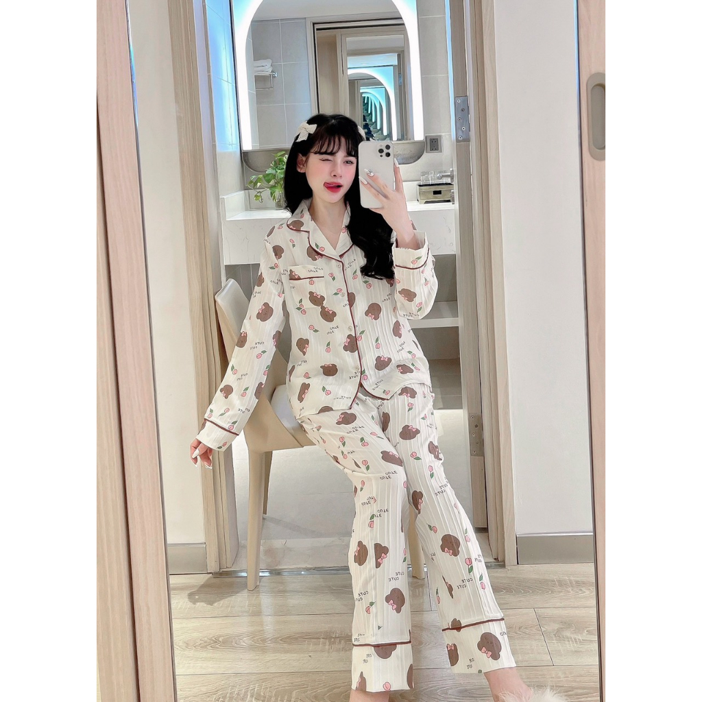 Bộ pijama ngủ nữ bộ mặc nhà áo tay dài quần dài chất xốp gân freesize 40-65kg - CHUN'S SLEEPWEAR