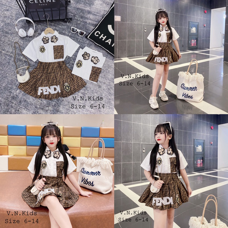 Set sơmi + chân váy F đính đá sịn xò cho Bé size 17kg-41kg