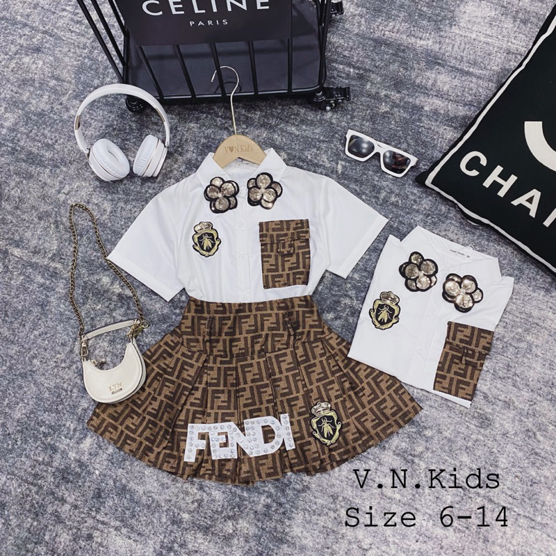 Set sơmi + chân váy F đính đá sịn xò cho Bé size 17kg-41kg