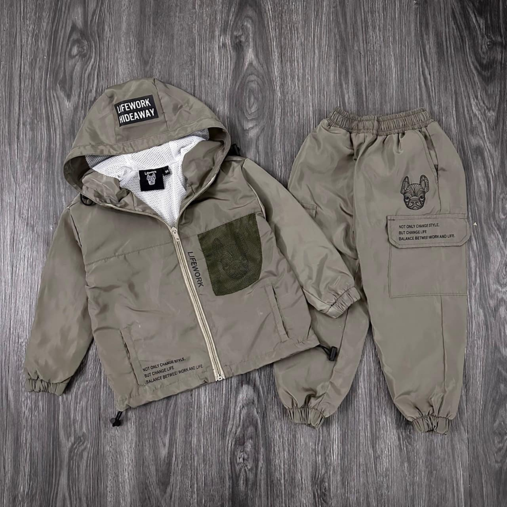 Bộ Gió Life Work Thể Thao Thu Đông 2 lớp,chất liệu gió chống nước dày dặn cho bé trai và bé gái 10-40kg