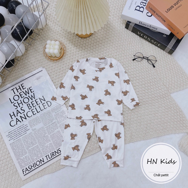 Bộ dài hnkids cài vai petit sợi tre Trắng, bộ dài tay cài vai cho bé trai, bé gái