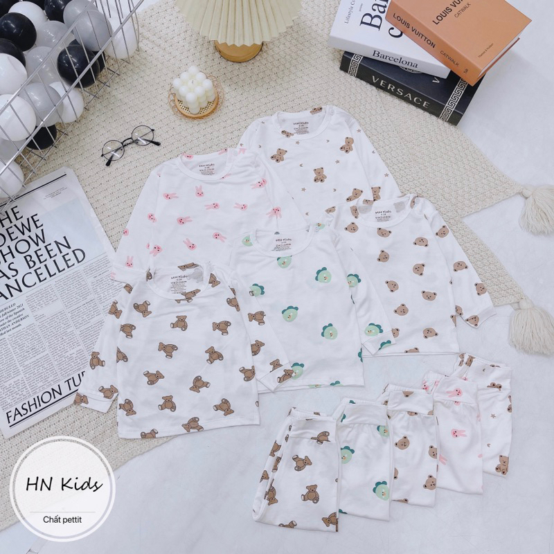 Bộ dài hnkids cài vai petit sợi tre Trắng, bộ dài tay cài vai cho bé trai, bé gái