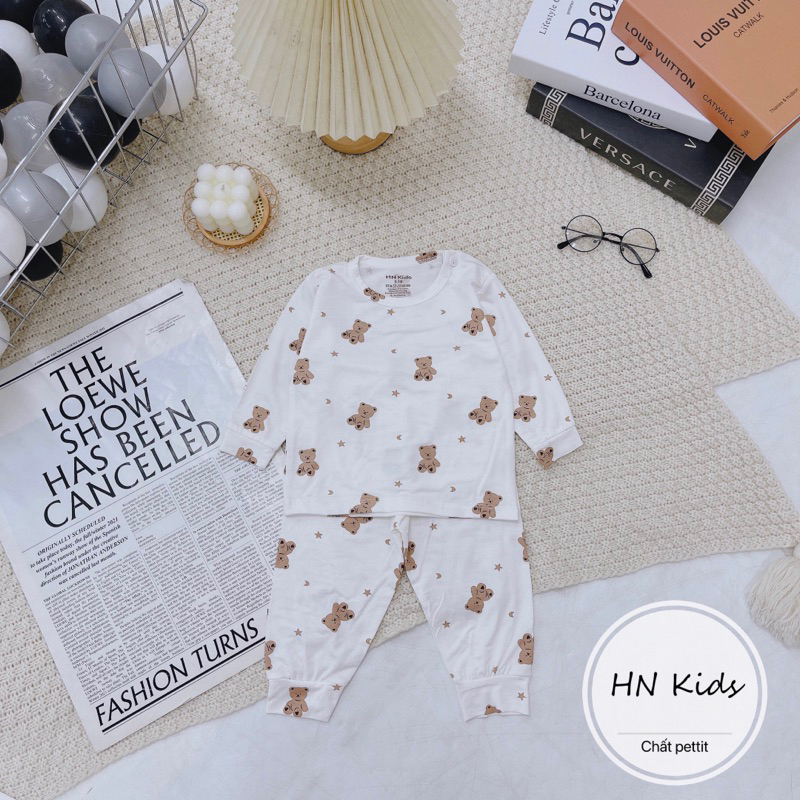 Bộ dài hnkids cài vai petit sợi tre Trắng, bộ dài tay cài vai cho bé trai, bé gái