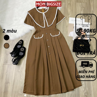Váy bigsize nữ đầm dự tiệc đi chơi kiểu cổ nhọn viền trắng chất cotton lạnh MON big size 50 - 90kg