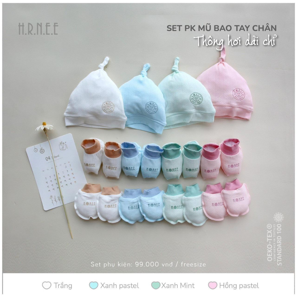 Hrnee Set PK mũ bao chân bao tay chân thông hơi dải chỉ
