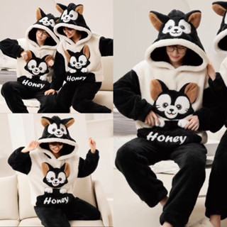  Bộ ngủ lông cừu thêu mèo đen Honey mũ tai mèo dễ thương form rộng thể thao nam nữ unisex set áo hoodie lông nữ tai gấu 
