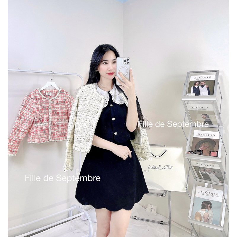 Áo khoác dạ tweed mix viền nhũ khuy hoa đá trắng QCCC