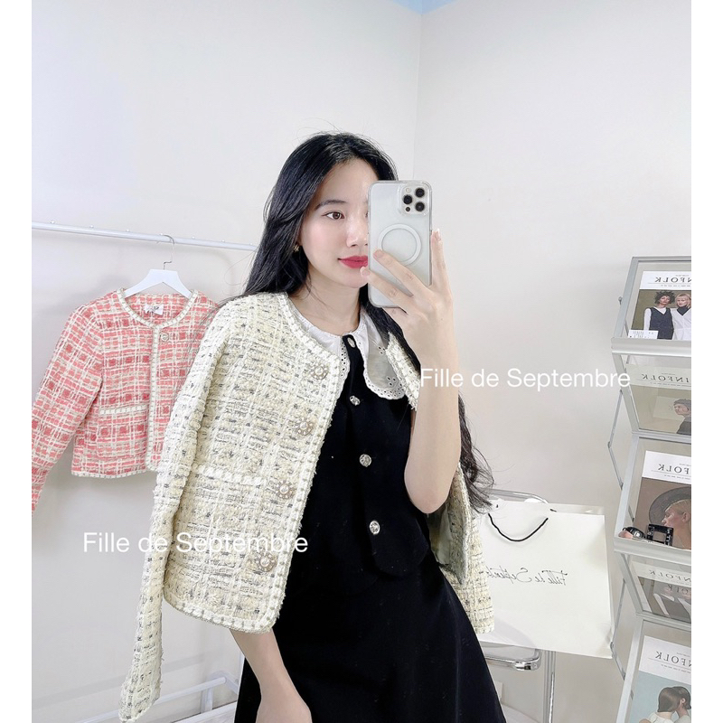 Áo khoác dạ tweed mix viền nhũ khuy hoa đá trắng QCCC