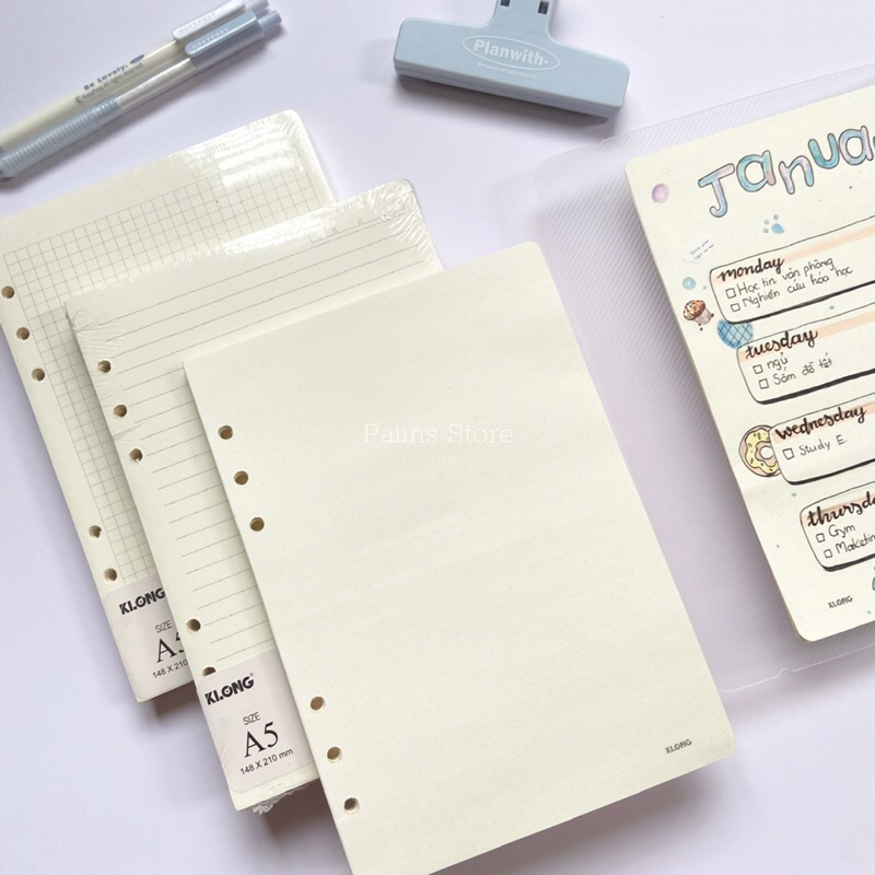 Giấy sổ còng KLong giấy refill ruột sổ còng A5 B5 100 tờ giấy refill caro chấm bi kẻ ngang