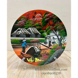 Tranh Đồng Quê đĩa sơn mài đường kính 20 cm có chữ Việt Nam