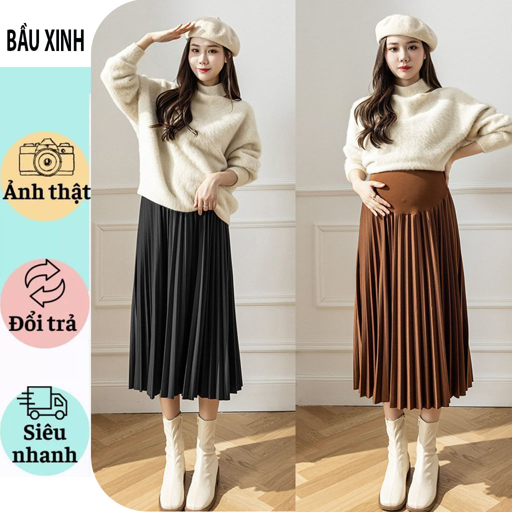 CHÂN VÁY BẦU XẾP LY-CHÂN VÁY CÔNG SỞ DỰ TIỆC THỜI TRANG HÀN CÓ ĐÁP BỤNG VÀ CHUN CHỈNH TIỆN LỢI CHO MẸ