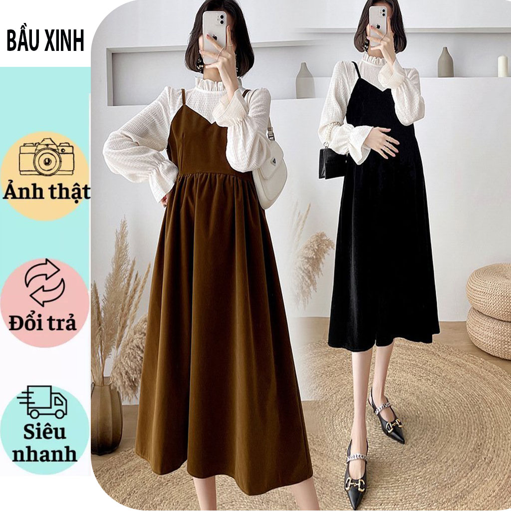 VÁY ĐẦM BÀU CÔNG SỞ DỰ TIỆC CỰC SANG-VÁY BẦU THIẾT KẾ BABAYDOLL GIẢ YẾM DÀI TAY CHẤT NHUNG TĂM FRESIZE