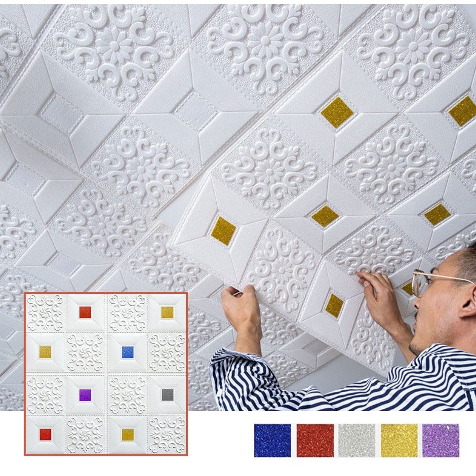 Xốp Dán Tường Hoa Văn 3D khổ lớn 70x70cm dày 3,5mm, có keo sẵn hcm