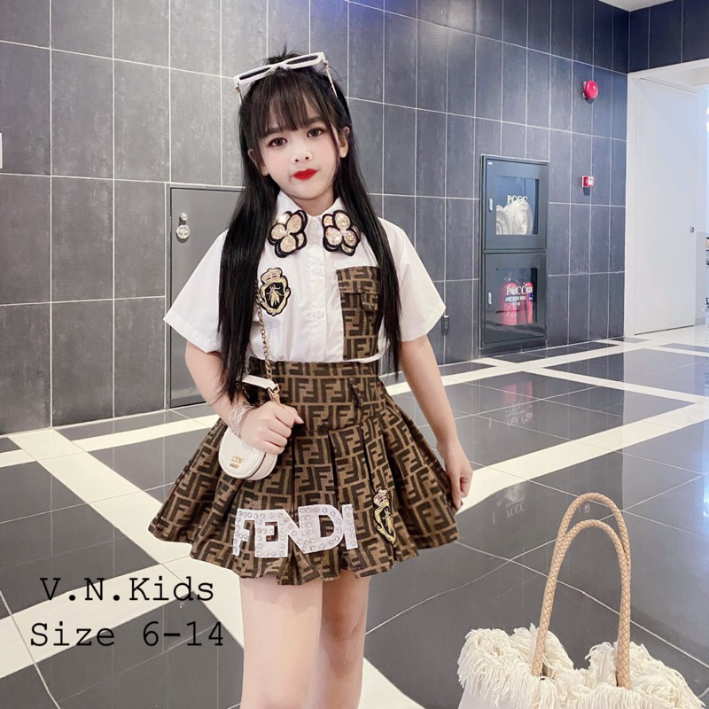 Set sơmi + chân váy F đính đá sịn xò cho Bé size 17kg-41kg