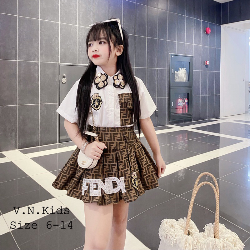 Set sơmi + chân váy F đính đá sịn xò cho Bé size 17kg-41kg