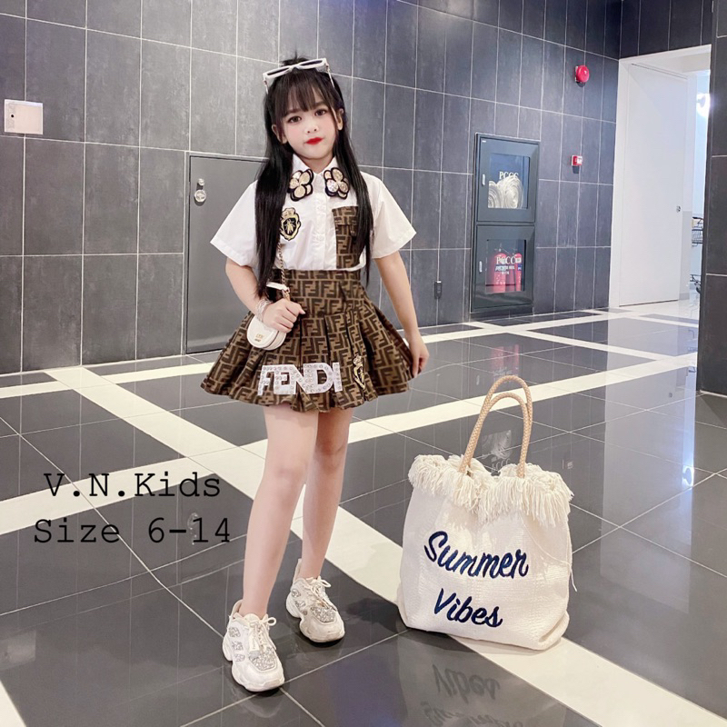 Set sơmi + chân váy F đính đá sịn xò cho Bé size 17kg-41kg