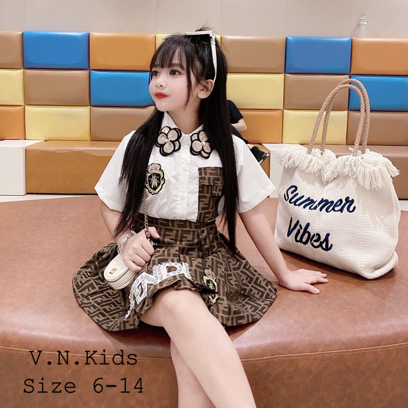 Set sơmi + chân váy F đính đá sịn xò cho Bé size 17kg-41kg