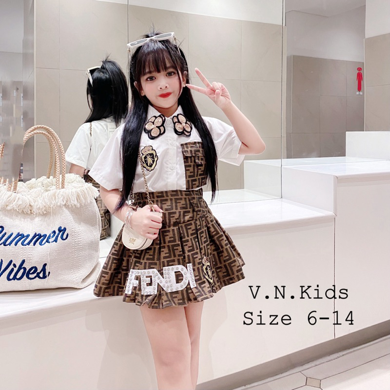 Set sơmi + chân váy F đính đá sịn xò cho Bé size 17kg-41kg