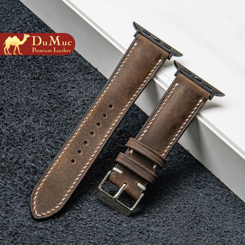 Dây da đồng hồ DU MỤC Leather Da bò sáp Vintage khâu tay thủ công VietNam cho Apple Watch - Brown black