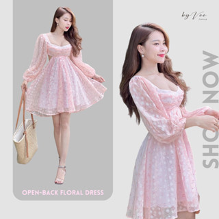 Đầm hoa ngắn dáng xòe tay dài phồng cổ vuông hở lưng phối chun co giãn - Byveestyle