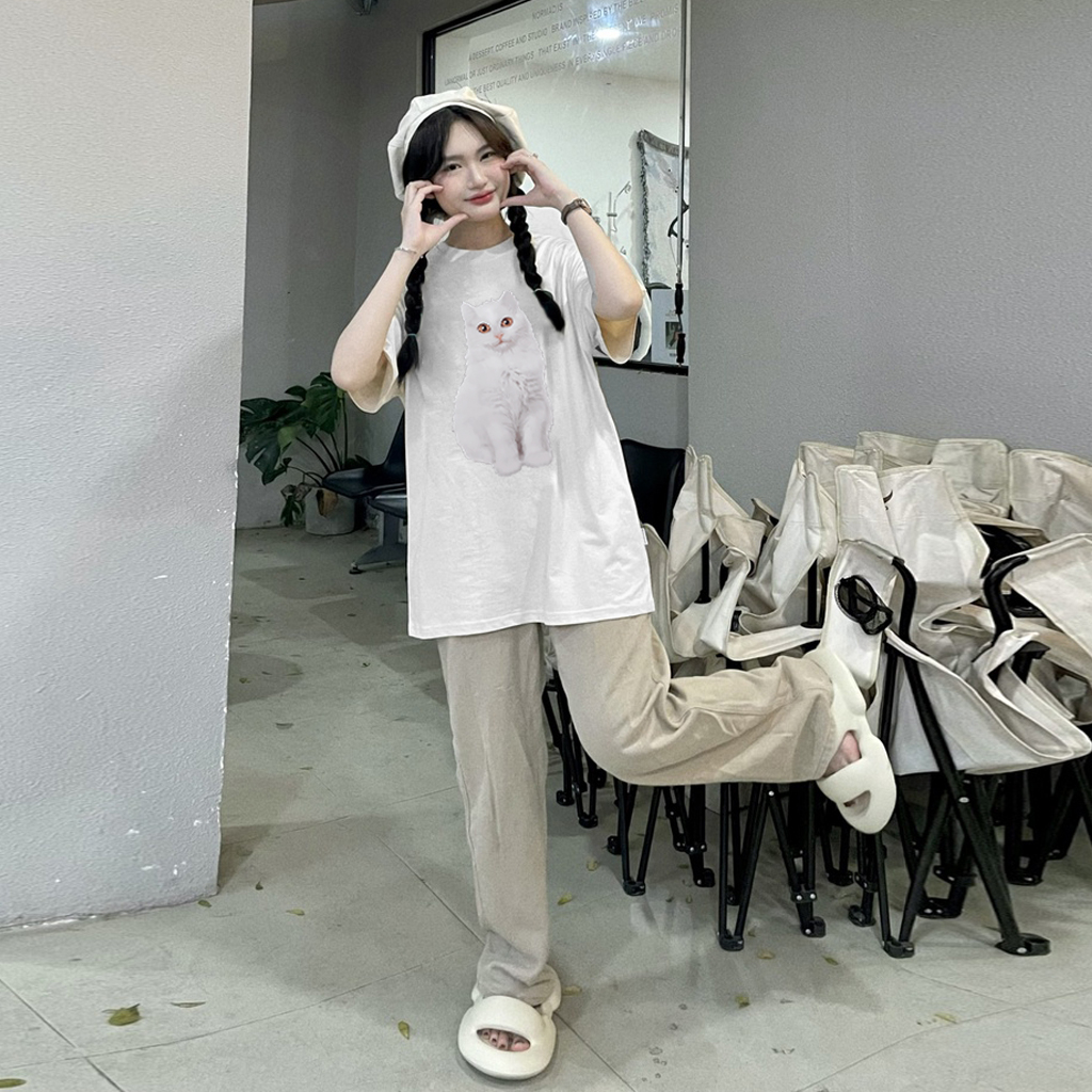 Áo Thun Nam Nữ Form Rộng Cotton Poly Tay Lỡ Unisex , Áo Phông Relach Cổ Tròn Basic Tee Oversize Trend Hè 2023- Cat Mèo