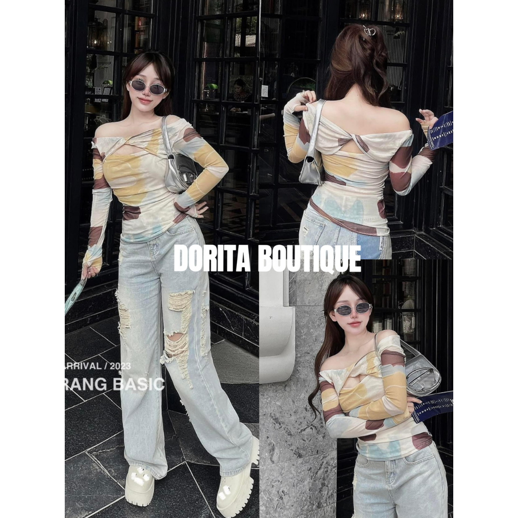 Áo thun lưới loang màu xoắn ngực hàng QUẢNG CHÂU siêu hot DORITA BOUTIQUE