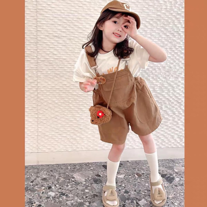 Sét yếm nâu kèm gấu xinh cho bé