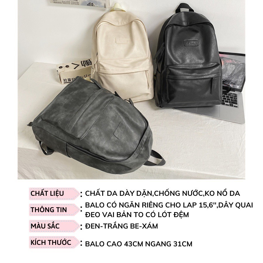 Balo da thời trang nam nữ đi học đi chơi,  balo ulzzang kiểu dáng basic đựng laptop 15.6 inch