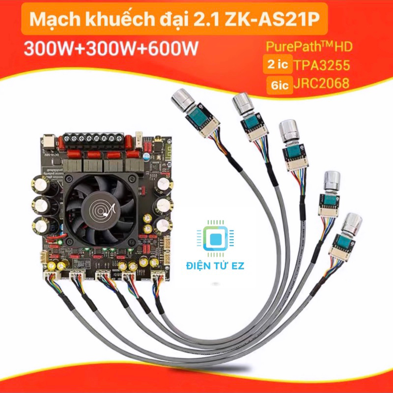 Mạch khuyếch đại âm thanh 2.1 ZK-AS21P 600W+300W*2 siêu khủng, Bluetooth cấu sẵn chiết áp, 18-50V