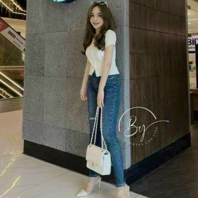 Áo thun gân len đũa gài nút nhí siêu xinh