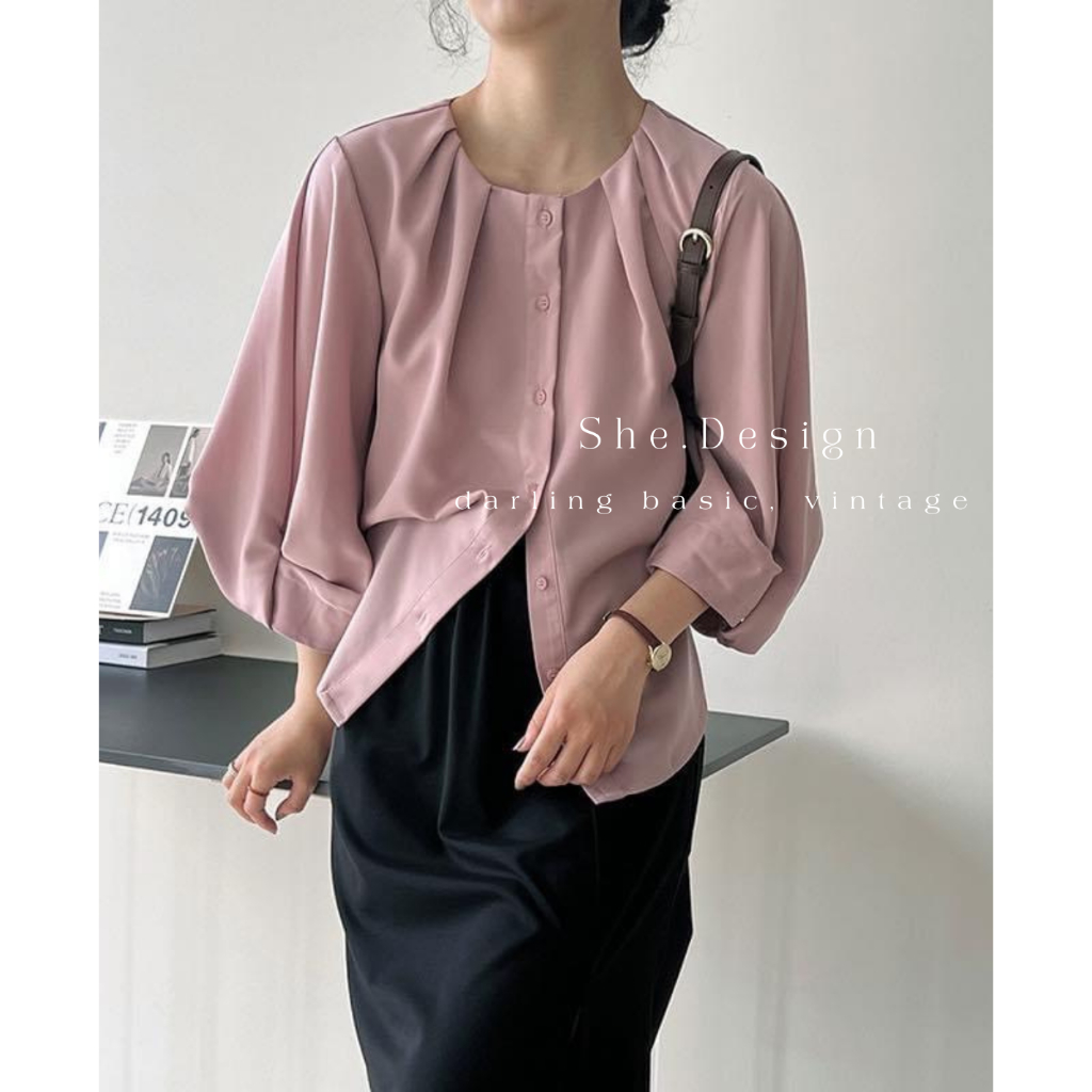 Áo sơ mi nữ trơn cổ tròn xếp ly, tay phồng, sơ mi cổ điển, basic, mùa thu, FREE SHIP, hotrend 2023, phong cách hàn quốc