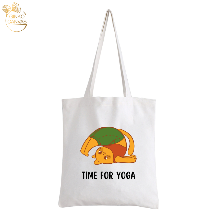 Túi Tote Vải Canvas GINKO Có Dây Kéo Khóa ( có túi còn) In Hình Time For Yoga GK58