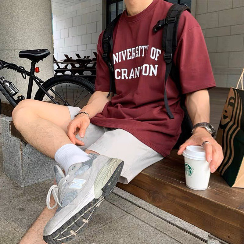 Áo Thun Nam màu đỏ đô dáng suông cotton mặc thấm hút