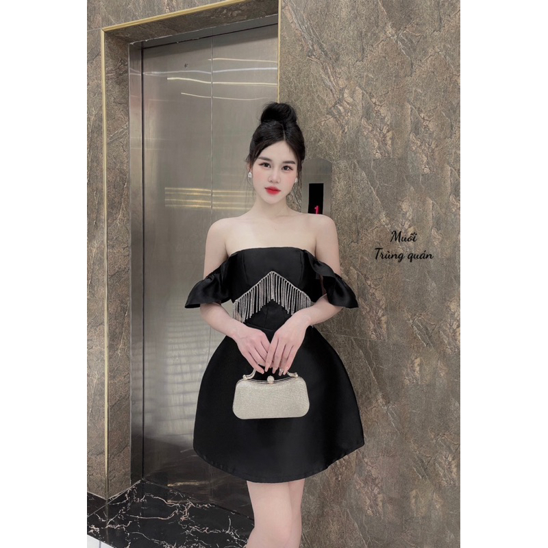 Đầm trễ vai đi tiệc đính dây đá cao cấp sang trọng
