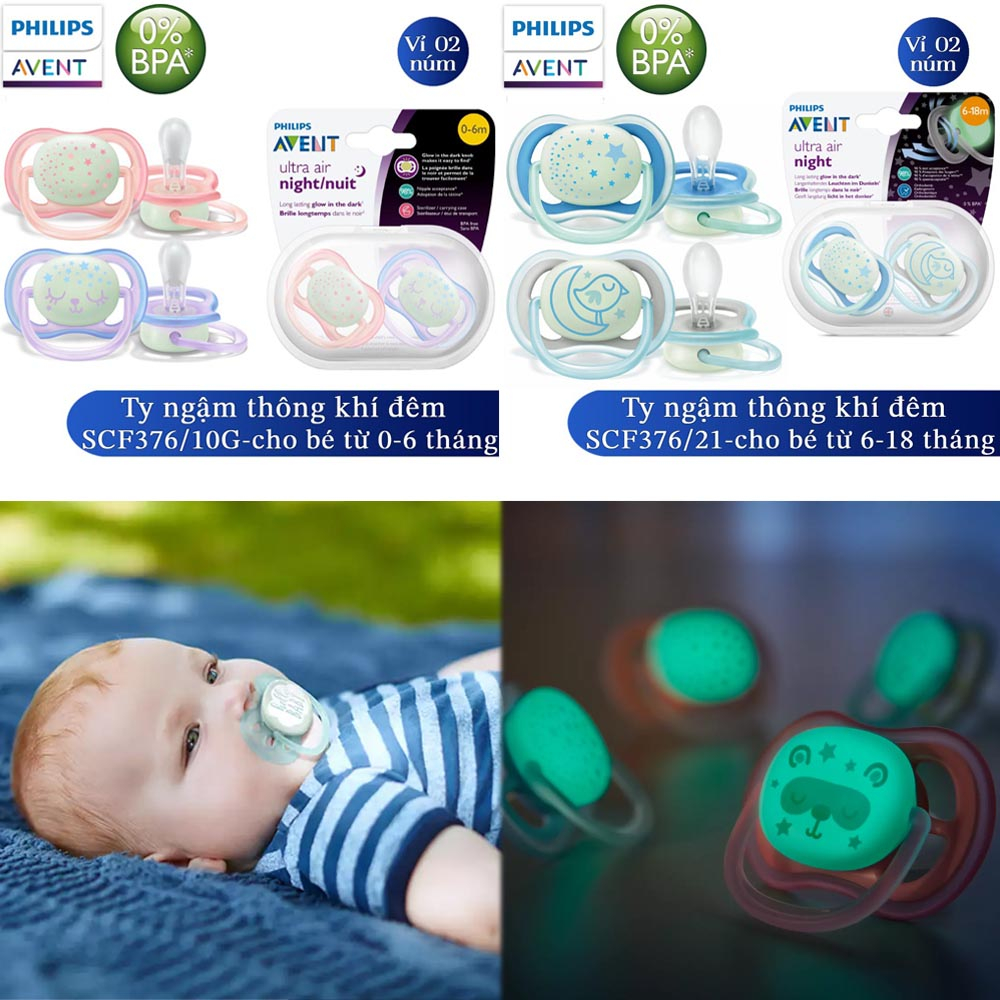 Philips Avent núm ty ngậm siêu mềm (ultra soft), thông khí (ultra air), thông khí phát sáng ban đêm (ultra air night)