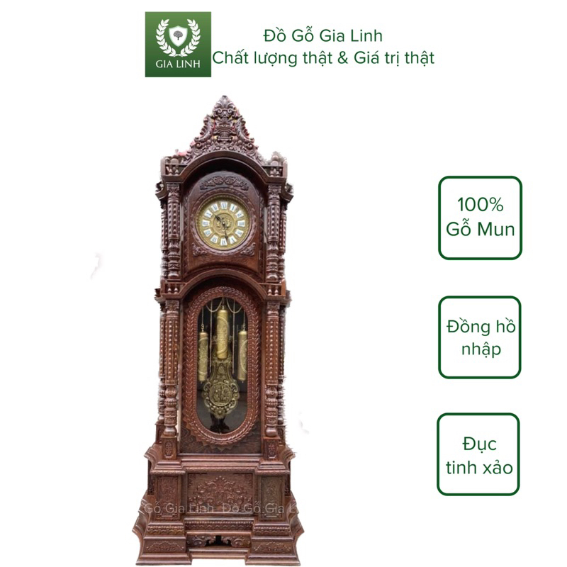 Đồng hồ cây Tứ trụ cao 2m3 Đồ Gỗ Gia Linh gỗ Mun đuôi công quả lắc bằng Đồng