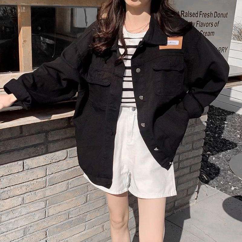 ÁO KHOÁC JACKET JEANS ĐEN TRƠN TÚI HỘP TAG NÂU