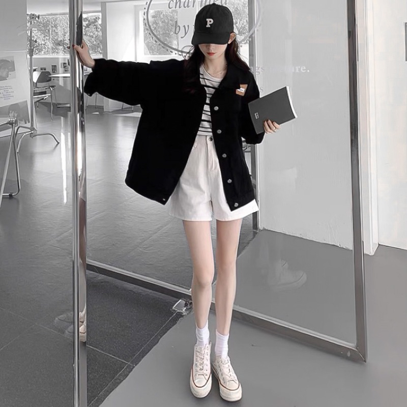 ÁO KHOÁC JACKET JEANS ĐEN TRƠN TÚI HỘP TAG NÂU