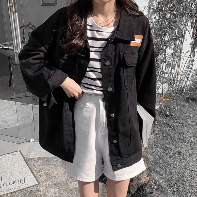 ÁO KHOÁC JACKET JEANS ĐEN TRƠN TÚI HỘP TAG NÂU