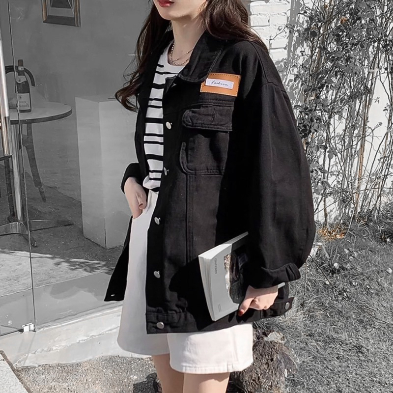 ÁO KHOÁC JACKET JEANS ĐEN TRƠN TÚI HỘP TAG NÂU